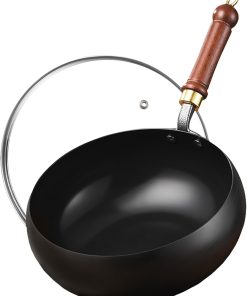 Carbon Steel Wok Pan, 10.2 INCH Nonstick Pre-Seasoned Woks & Stir-Fry Pans with Lid, No Chemical Coating Wok Flat Bottom Small Handmade