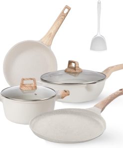 Pots and Pans Set, White Nonstick Induction Cookware Sets with Stay-Cool Handles, Kitchen Pan Sets for Cooking with Saucepan & Frying Pans & Crepe Pan, PFOS and PFOA Free