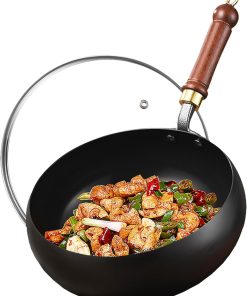 Carbon Steel Wok Pan, 11 Nonstick Pre-Seasoned Woks & Stir-Fry Pans with Glass Lid, Nonstick Wok Flat Bottom Small Handmade ChineseWok For for All Stoves