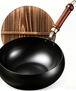 11 inch Carbon Steel Wok, Flat Bottom Chinese Stir Fry Pan with Wooden Lid